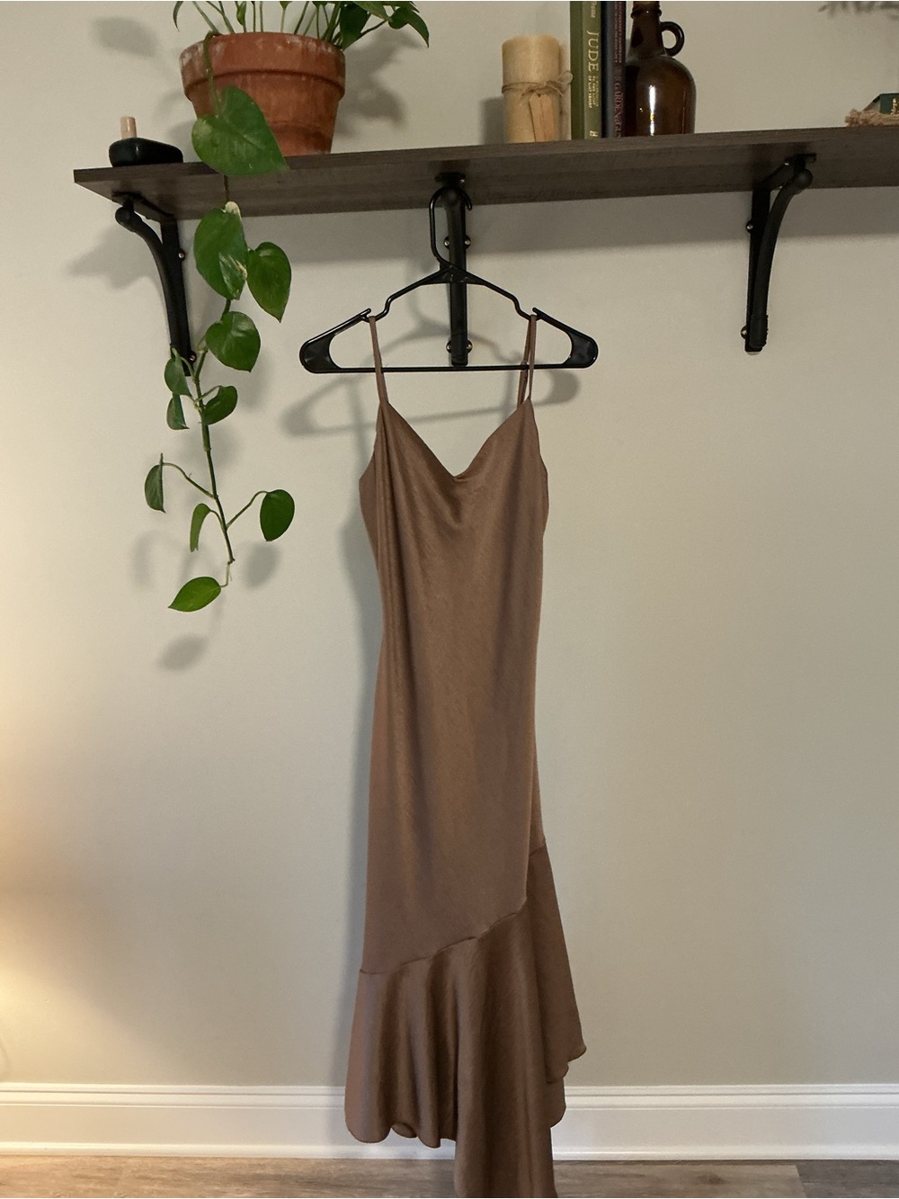 bebe Brown Midi Slip Dress with Flounce Hem